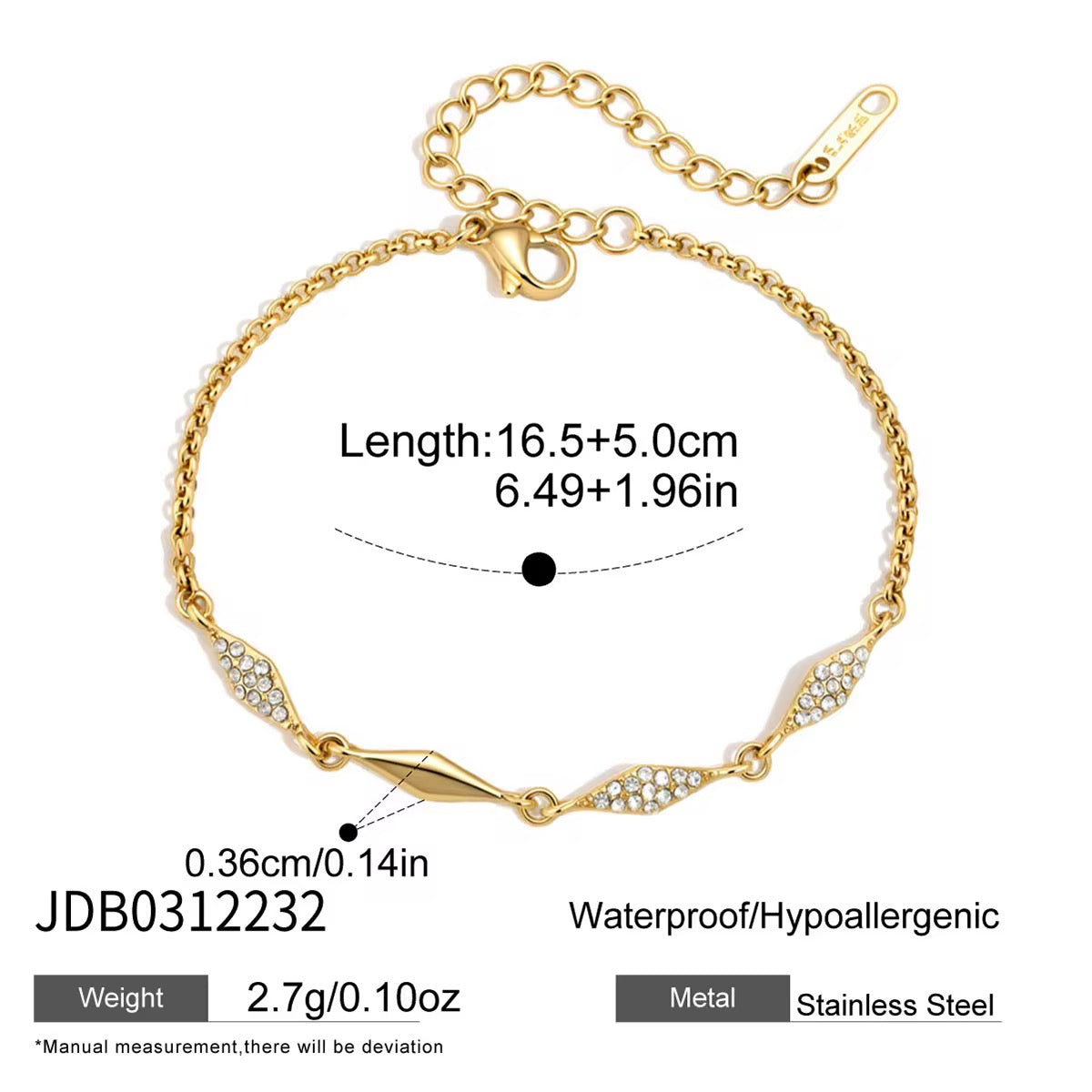Gold Plated Stainless Steel Bracelet with Zircon Stones - Luks