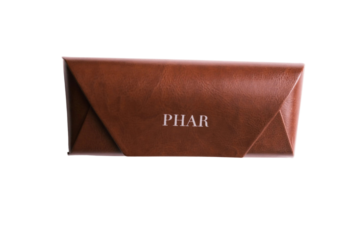Brown leather wallet with 'PHAR' branding on a white background