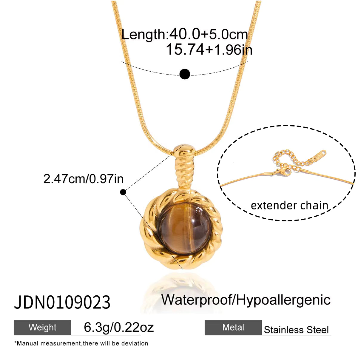 Gold Plated Stainless Steel Chain with Pendant - Tiger Eye
