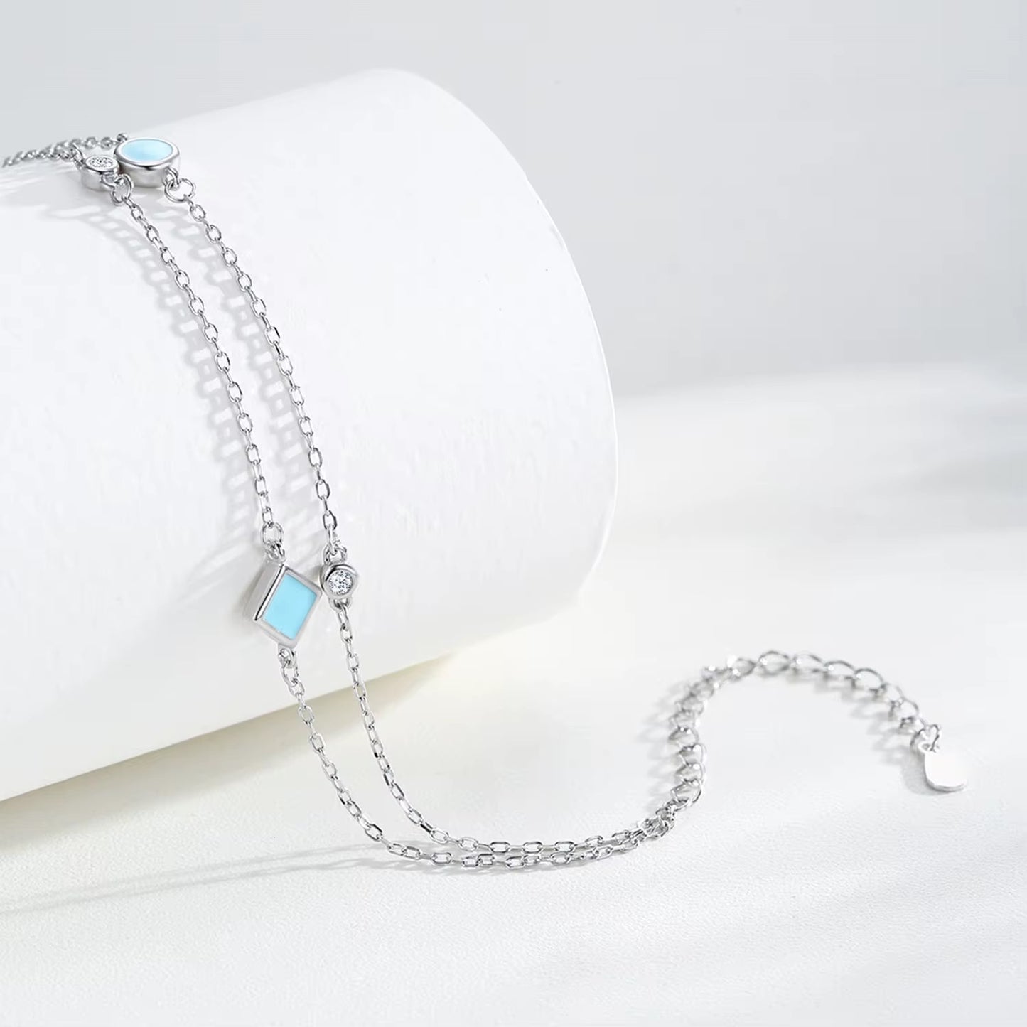 Rhodium Plated Sterling Silver Bracelet with Zircon Stones - Turquoise