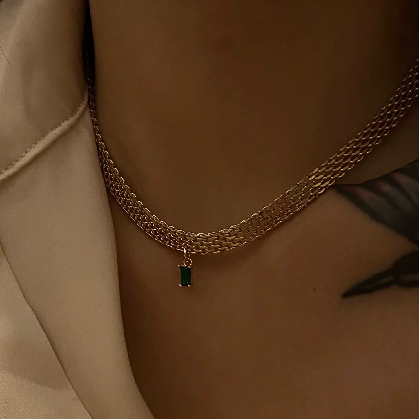 Green Zircon Necklace - Gold Plated Stainless Steel