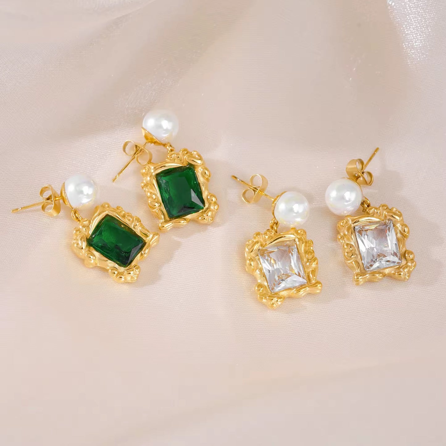 Green Earrings - Gold Plated Stainless Steel - Hypoallergenic