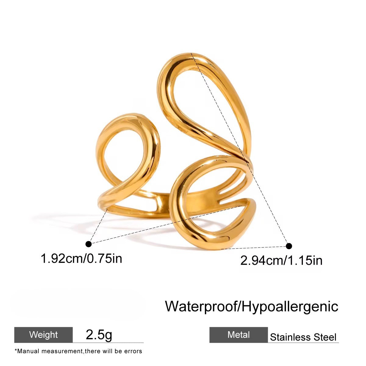 Goldring mit Maßen und Produktdetails auf weißem Hintergrund