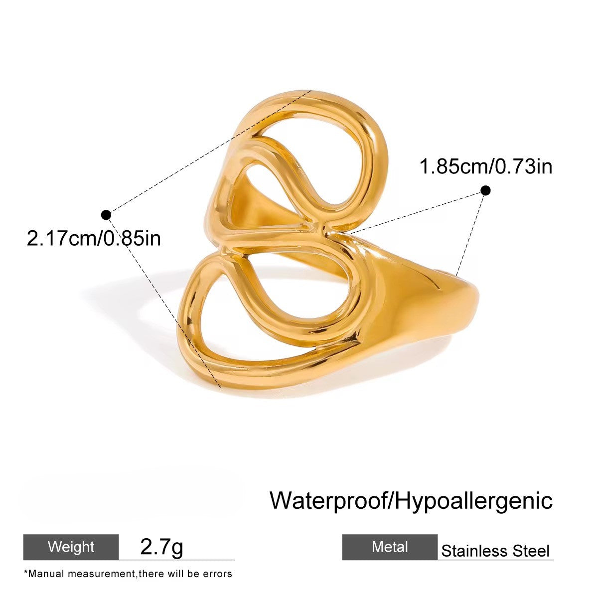 Goldring mit Maßen und Produktdetails auf weißem Hintergrund