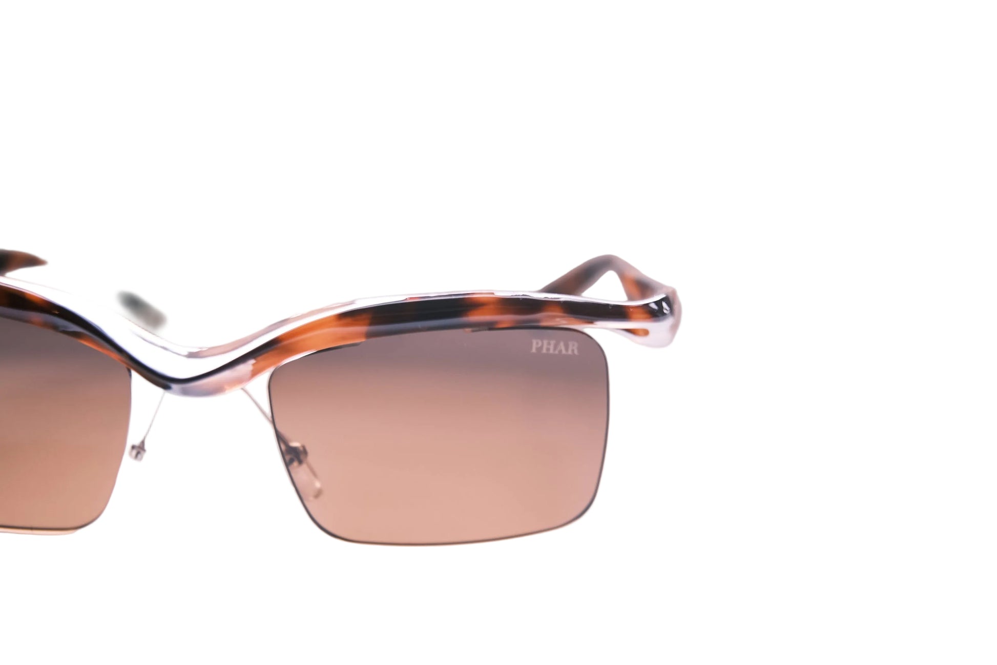 Sunglasses with tortoiseshell frame and brown gradient lenses on a white background