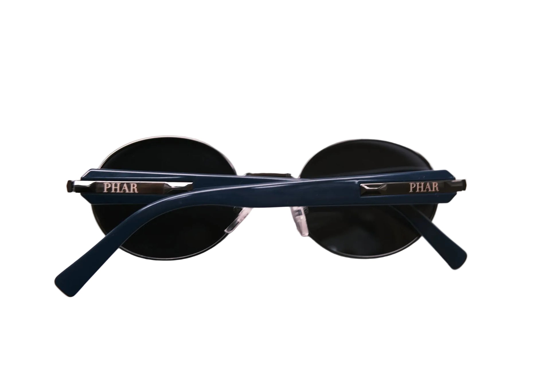 Round sunglasses with navy blue frame and black lenses on a white background