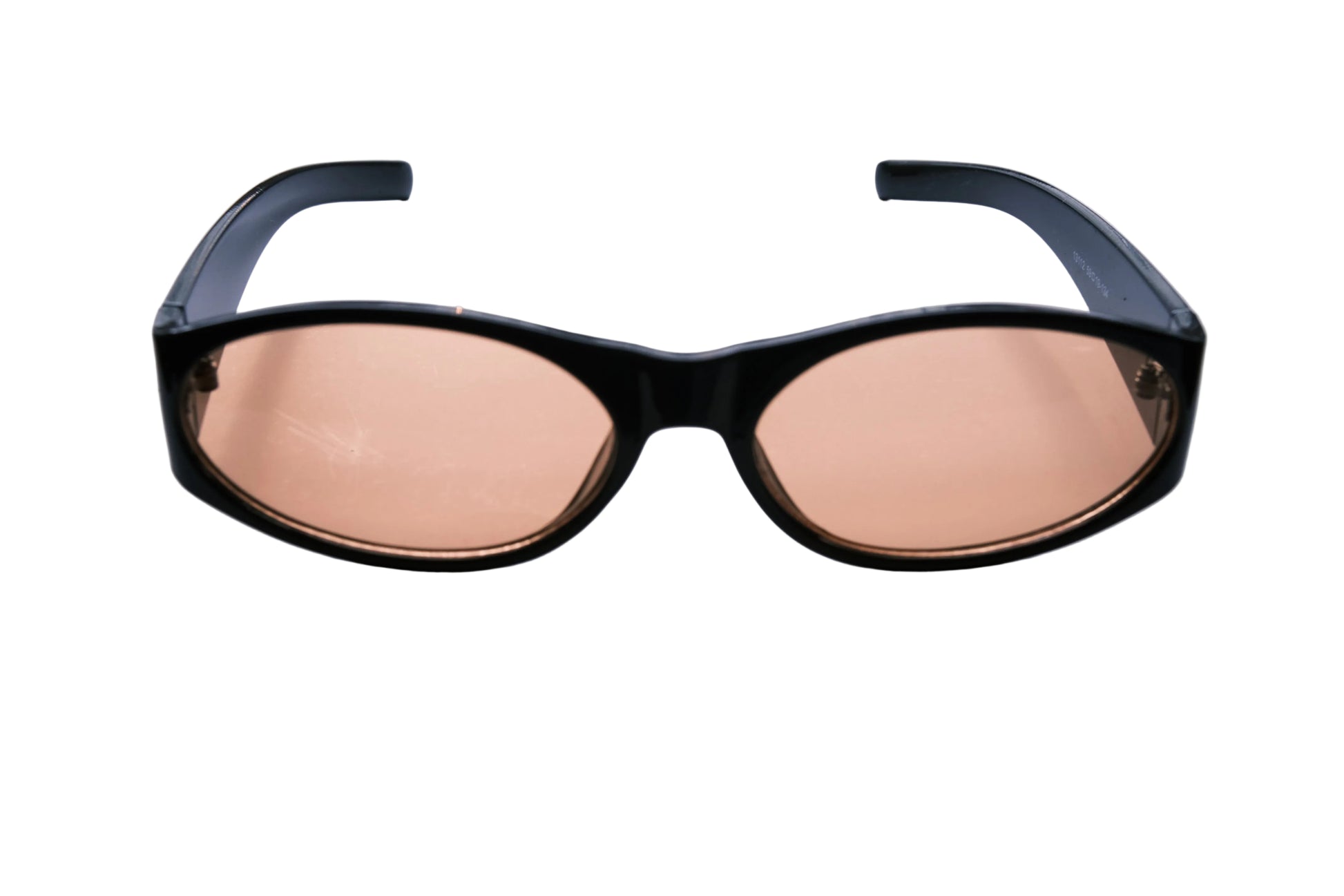 Black sunglasses with pink-tinted lenses on a white background