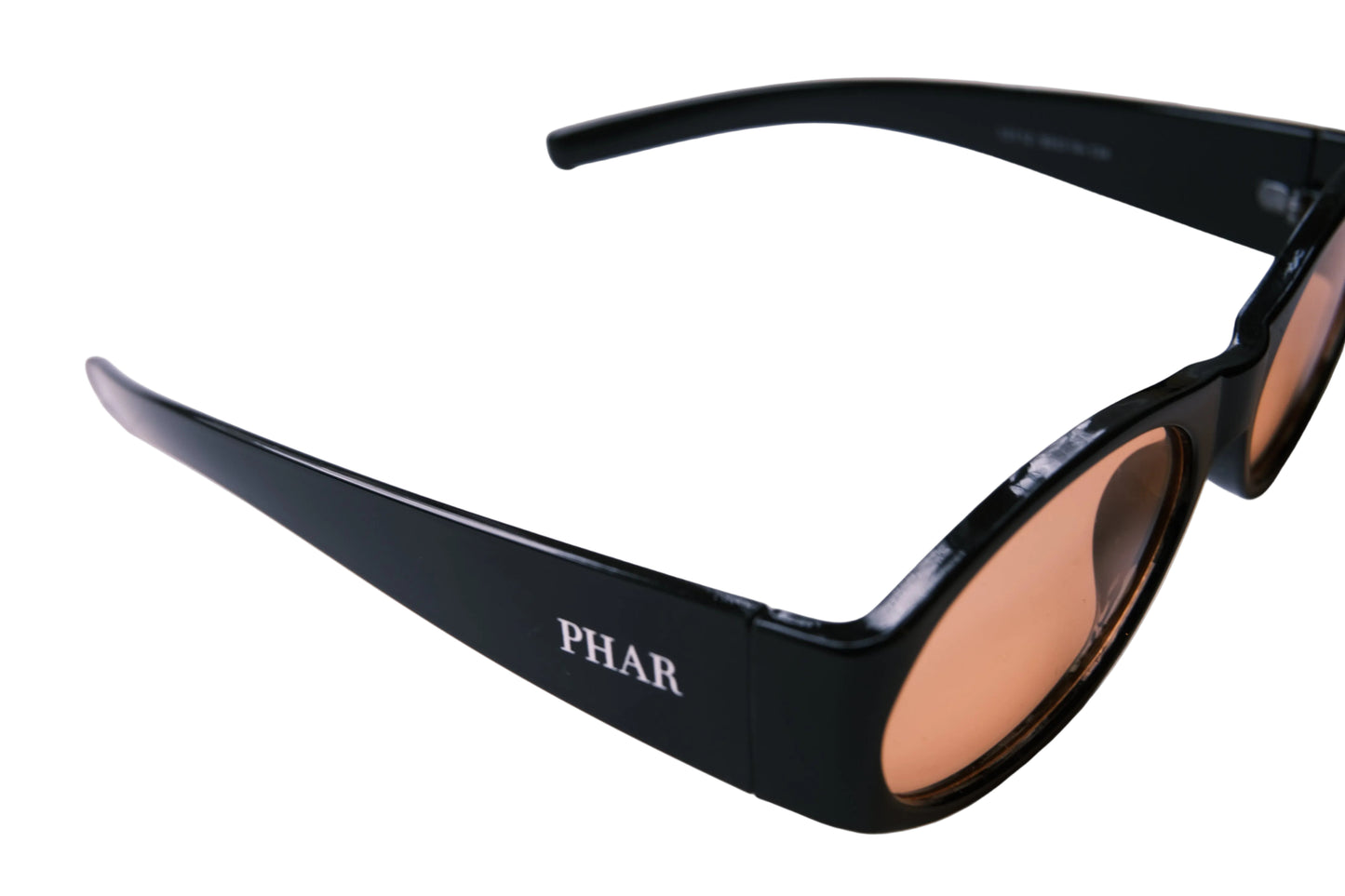 Black sunglasses with 'PHAR' branding on a light background