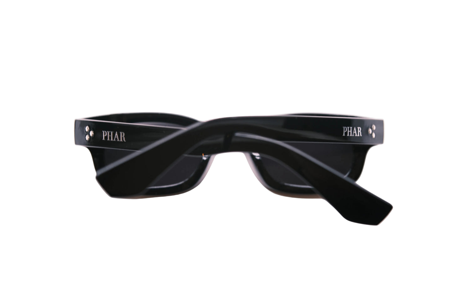 Black sunglasses with 'PHAR' branding on a white background