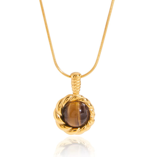 Gold Plated Stainless Steel Chain with Pendant - Tiger Eye