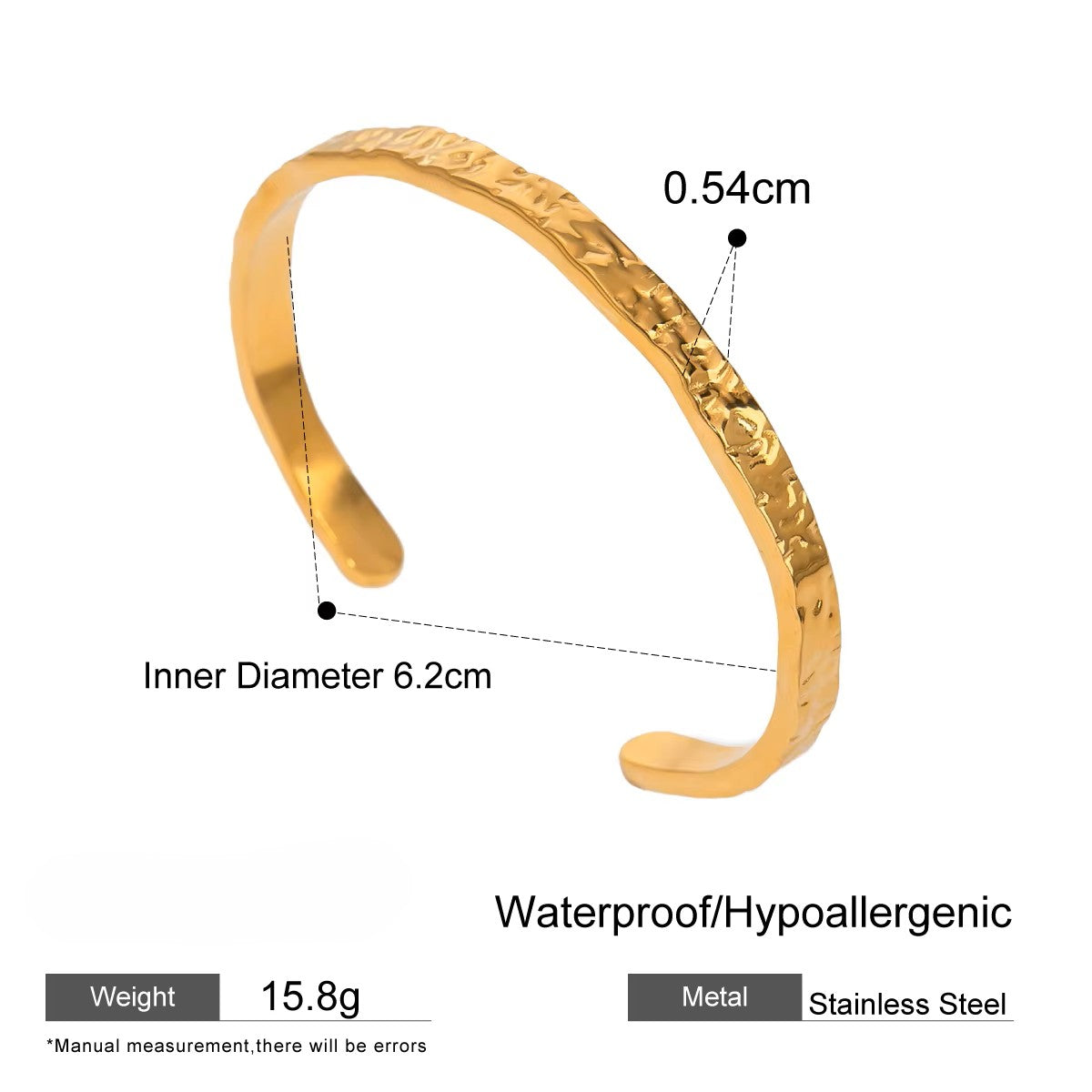 Gold Plated Stainless Steel Bangle Bracelet -  Hammered