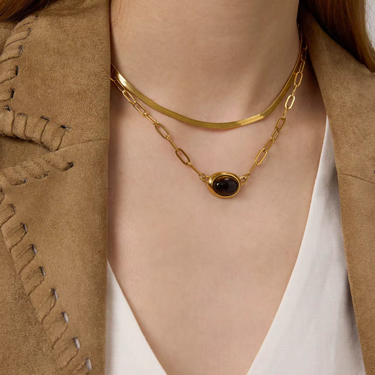 Gold Plated Stainless Steel Chain with Pendant - Stone Eye