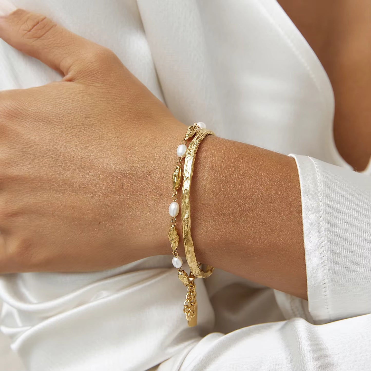 Gold Plated Stainless Steel Bangle Bracelet -  Hammered