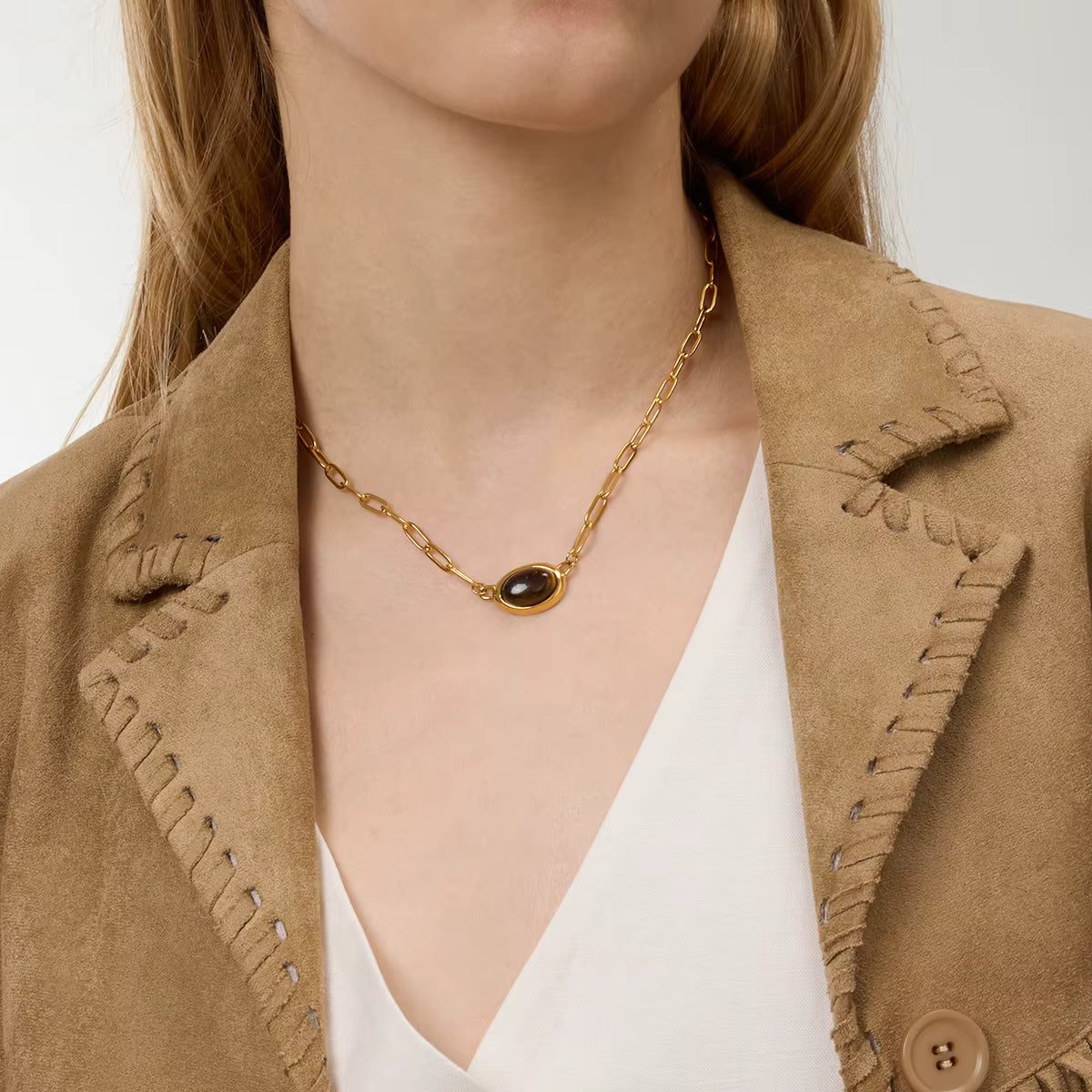 Gold Plated Stainless Steel Chain with Pendant - Stone Eye