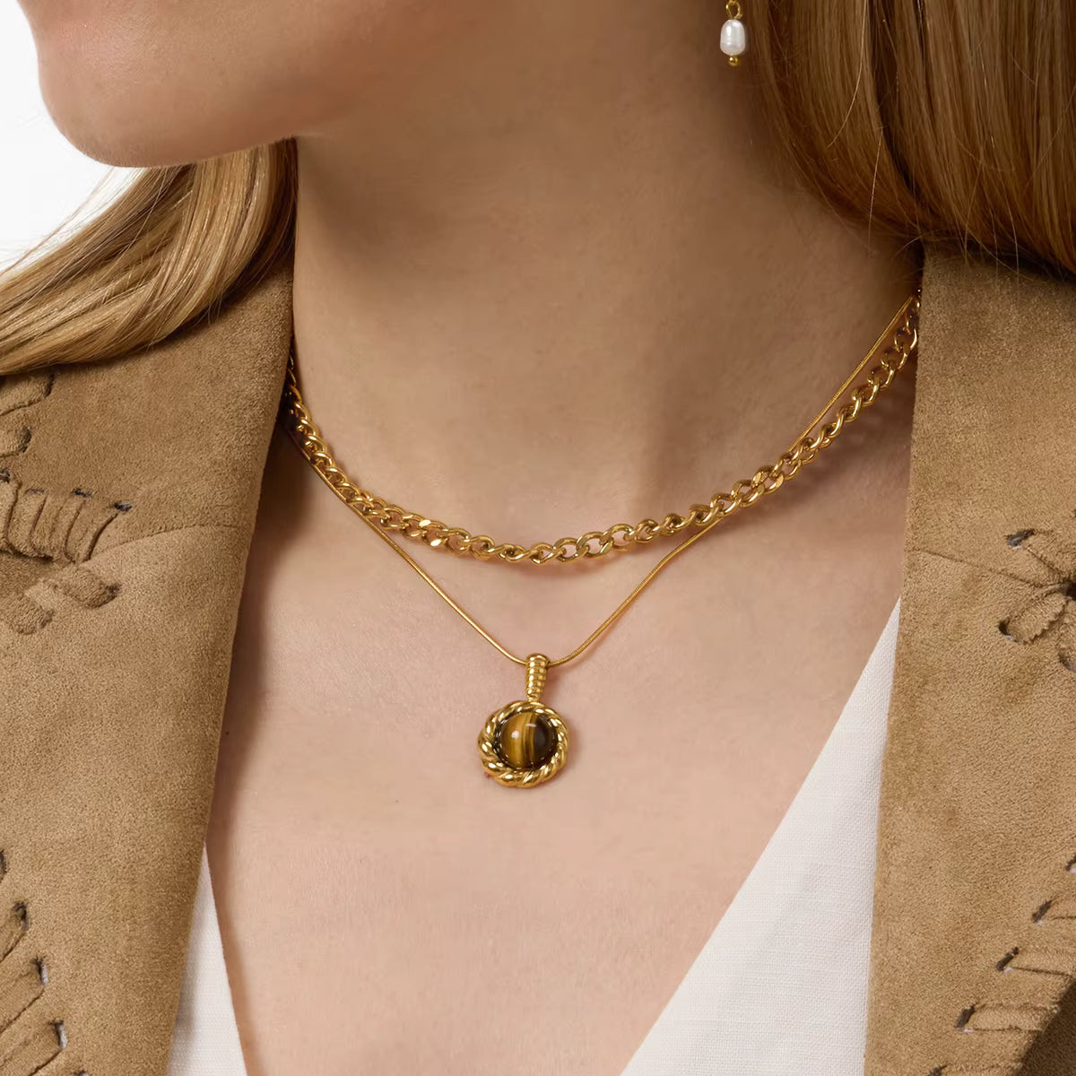 Gold Plated Stainless Steel Chain with Pendant - Tiger Eye