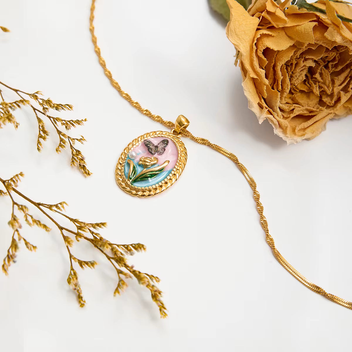 Gold Plated Stainless Steel Necklace with Pendant - Butterfly