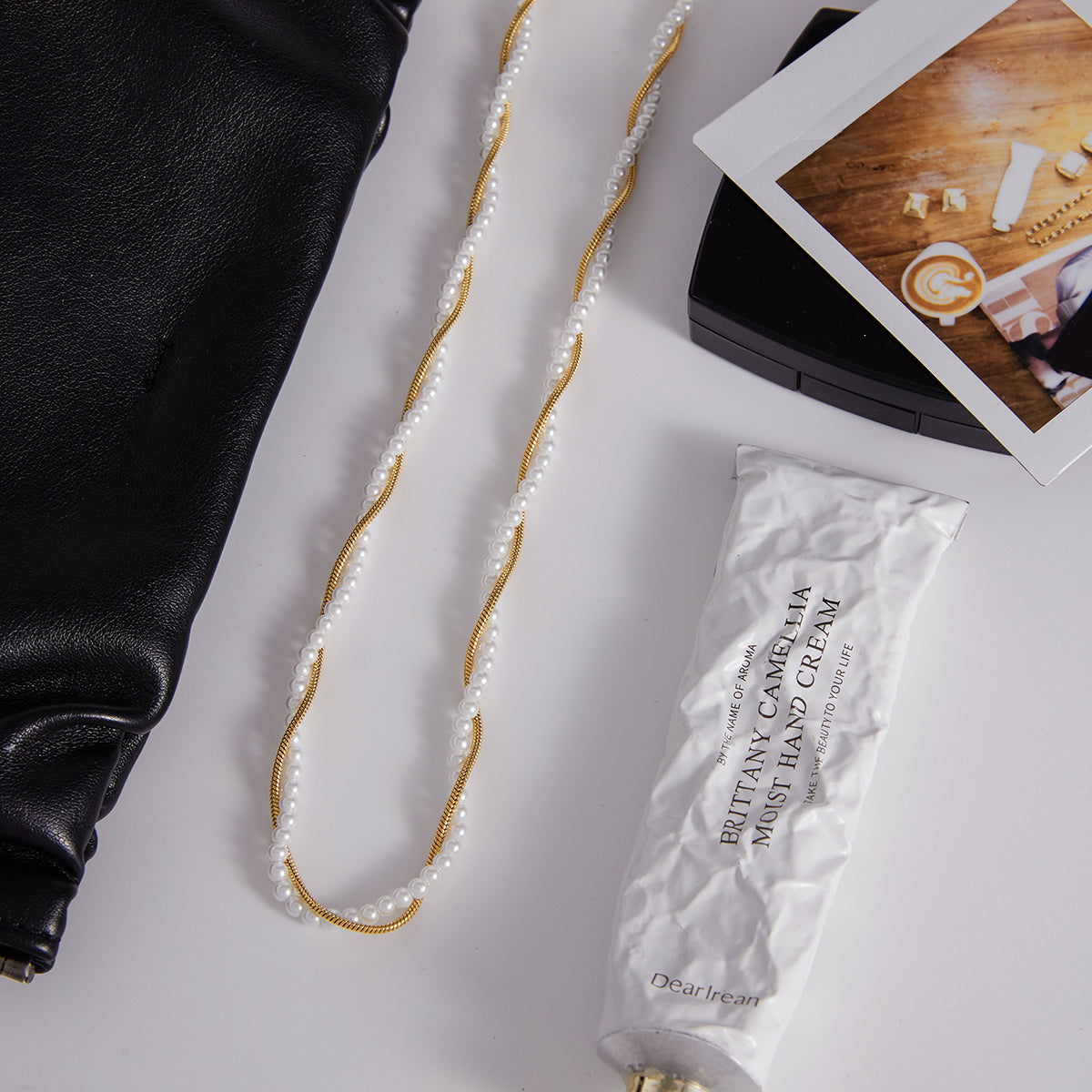 Gold Plated Stainless Steel Chain with Pearls - Glass Pearl