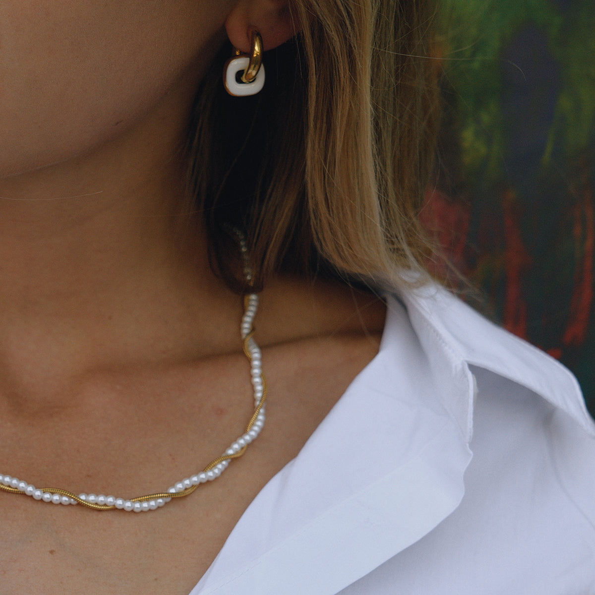 Gold Plated Stainless Steel Chain with Pearls - Glass Pearl