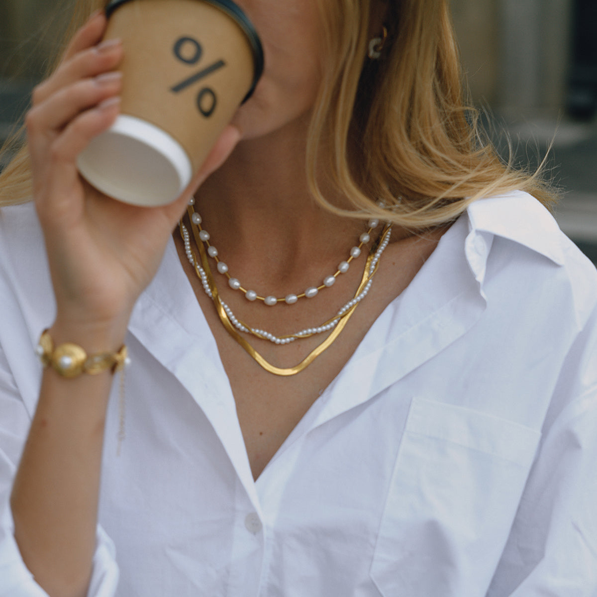 Gold Plated Stainless Steel Chain with Pearls - Glass Pearl