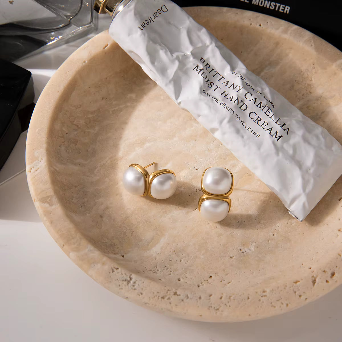 Gold Plated Stainless Steel Earrings - Pearl C