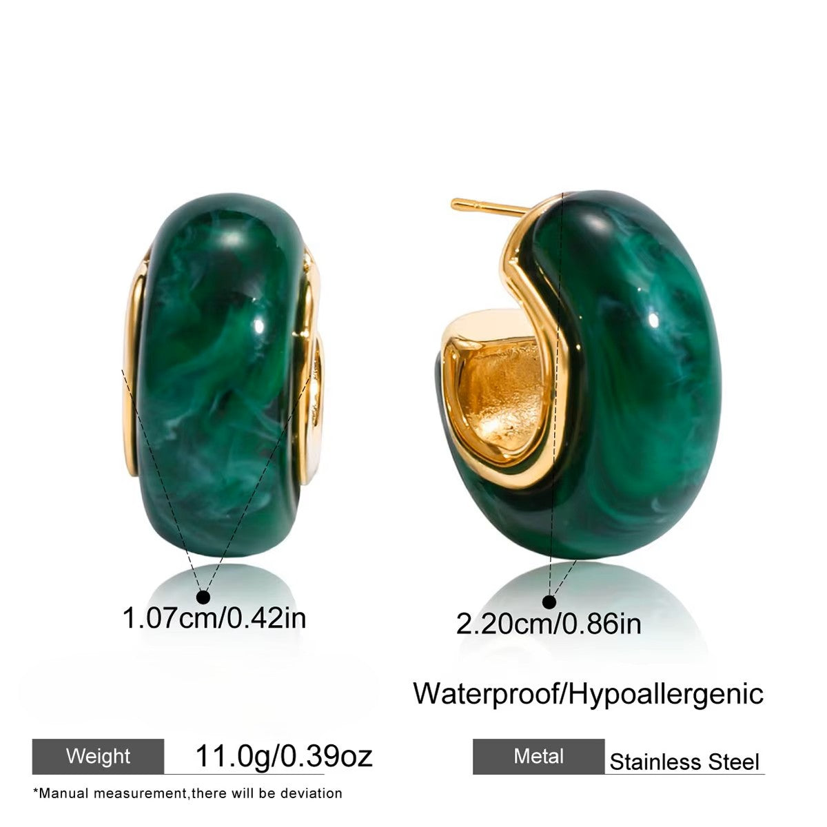 Green marbled hoop earrings with gold accents on a white background