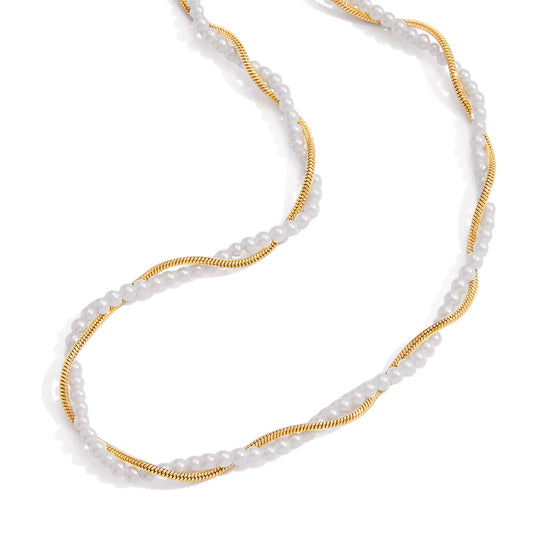 Gold Plated Stainless Steel Chain with Pearls - Glass Pearl