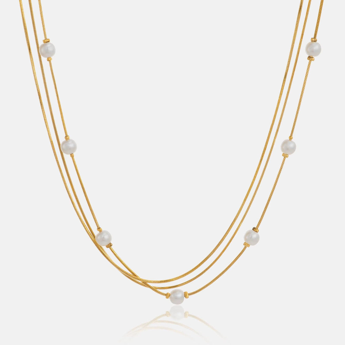 Herringbone Pearl Necklace - Gold Plated Stainless Steel