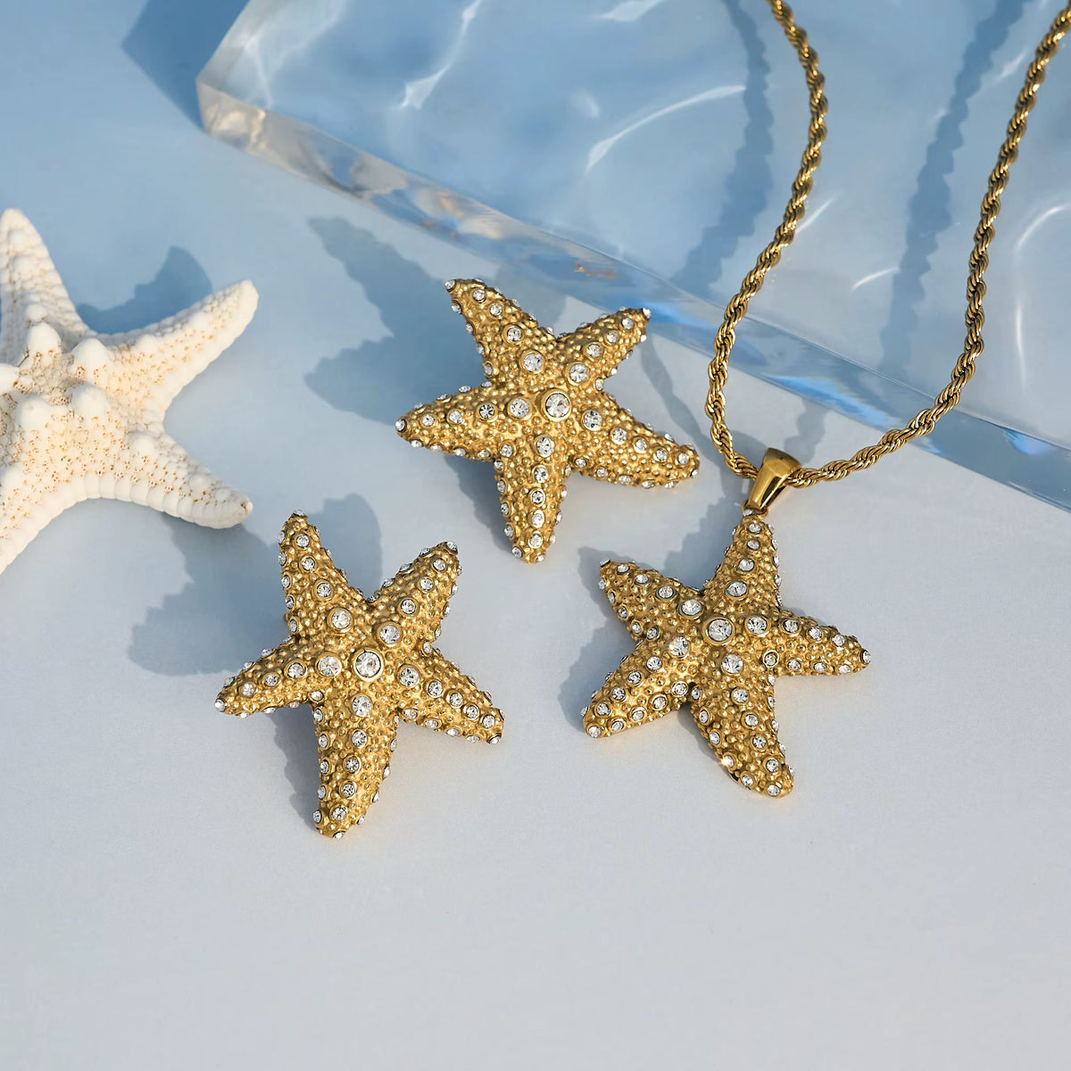 Gold Plated Stainless Steel Necklace with Iced Out Zircon Starfish - Iced Starfish
