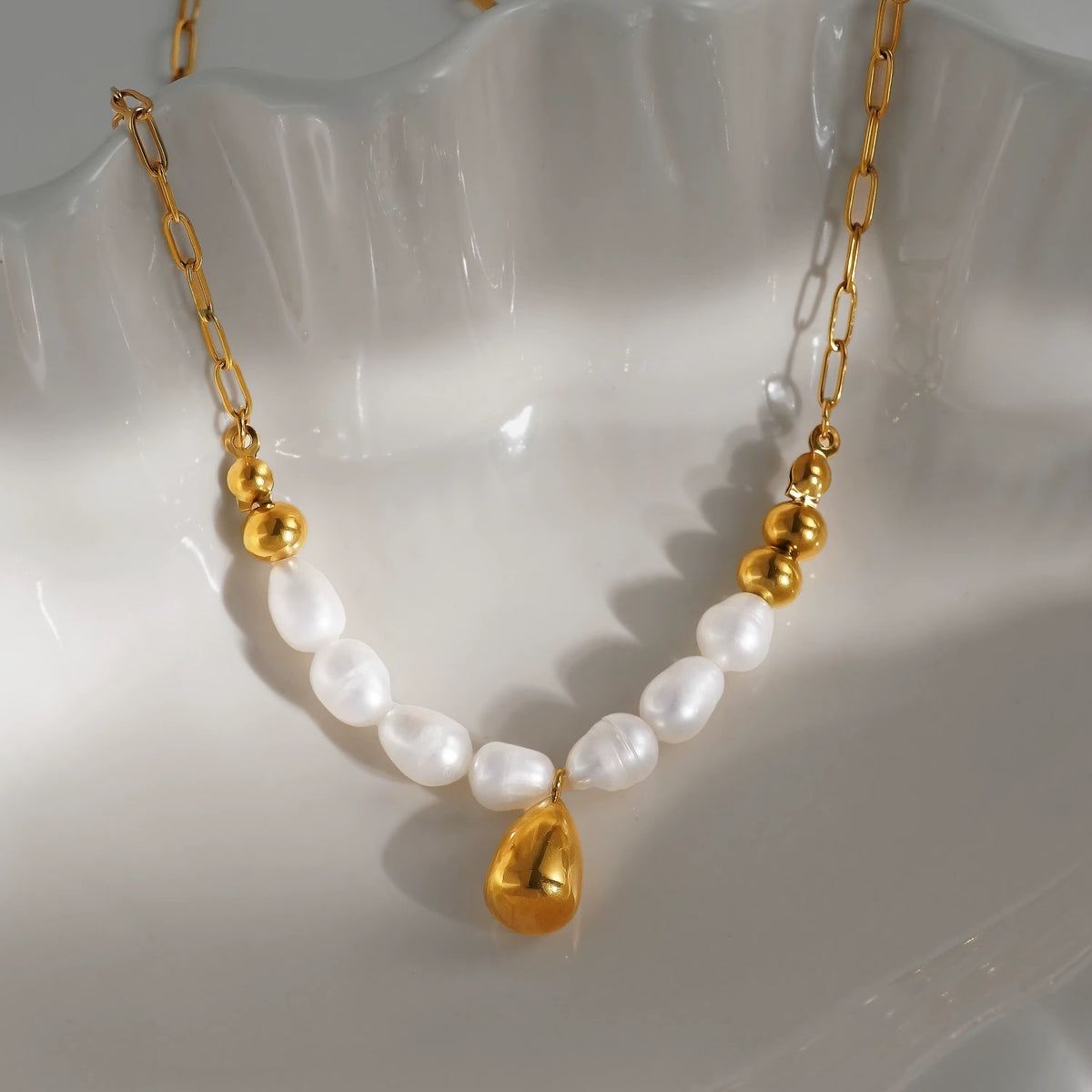 Golden Plated Stainless Steel Necklace - Pearl Shine