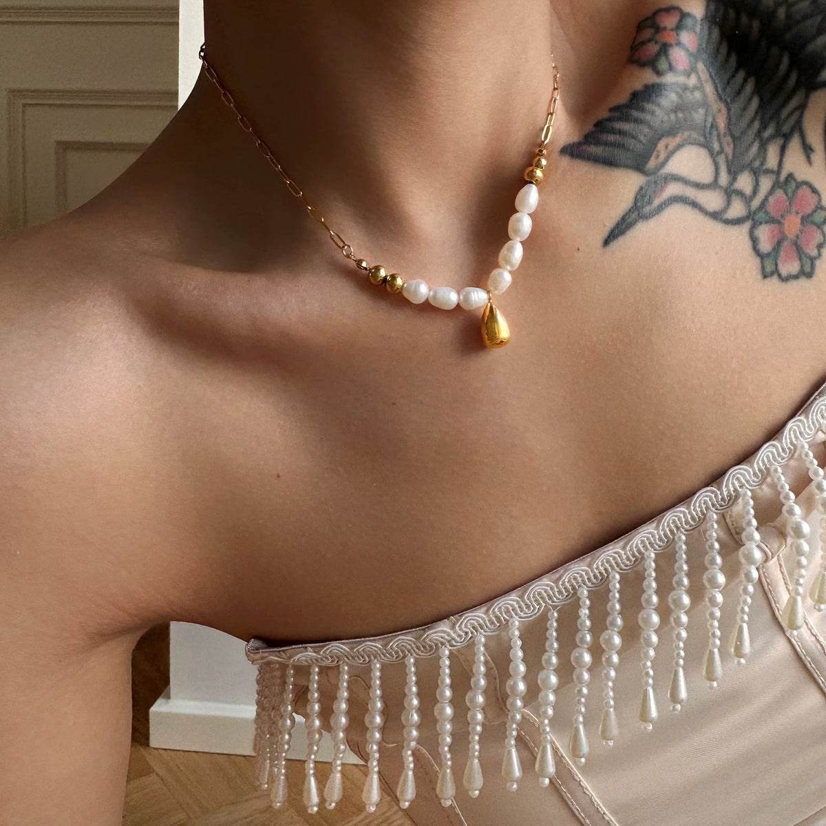 Golden Plated Stainless Steel Necklace - Pearl Shine