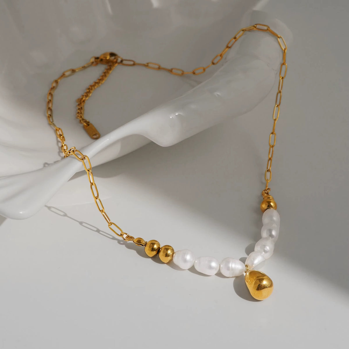 Golden Plated Stainless Steel Necklace - Pearl Shine