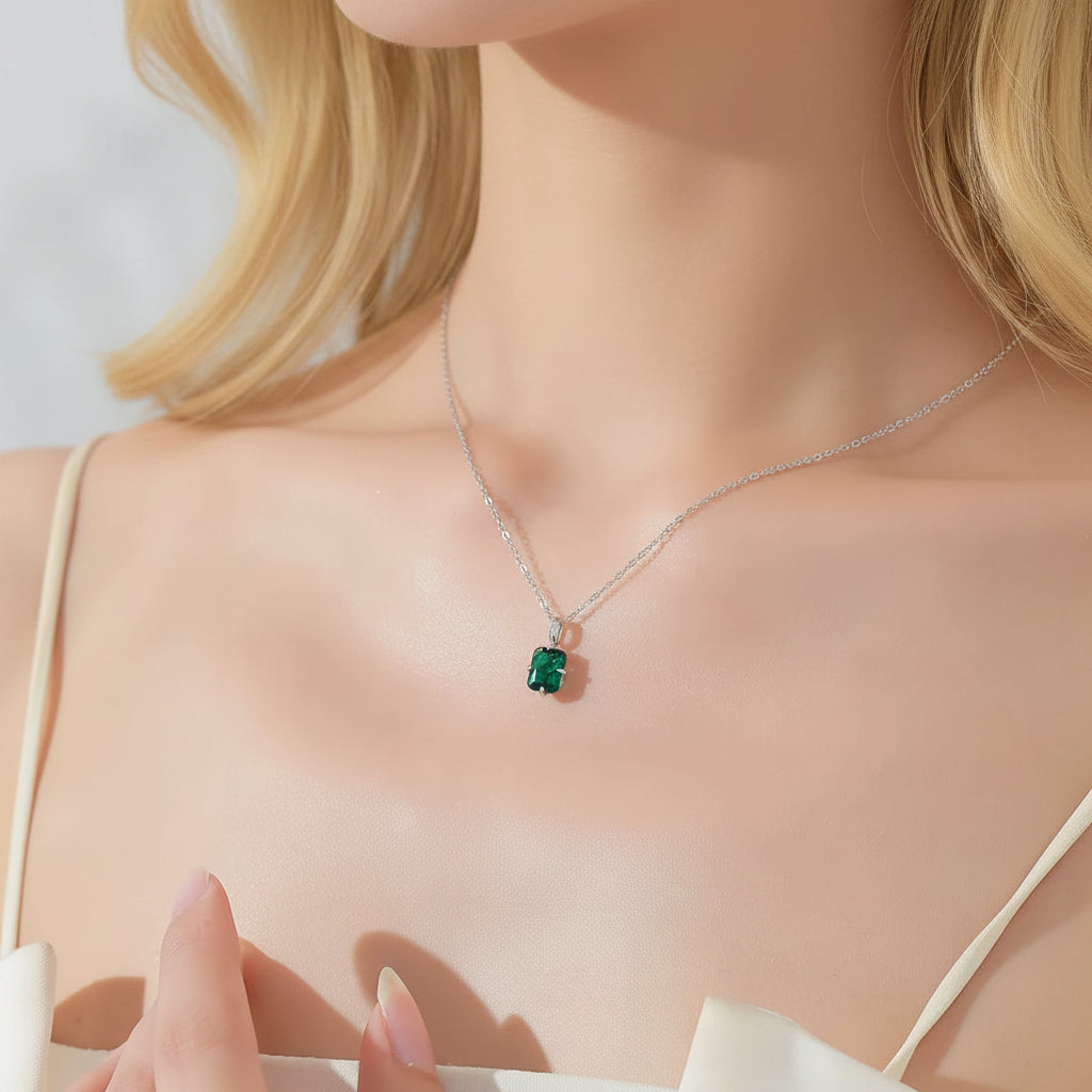 Rhodium Plated Sterling Silver Necklace with Zircon Stone - Green Pendant