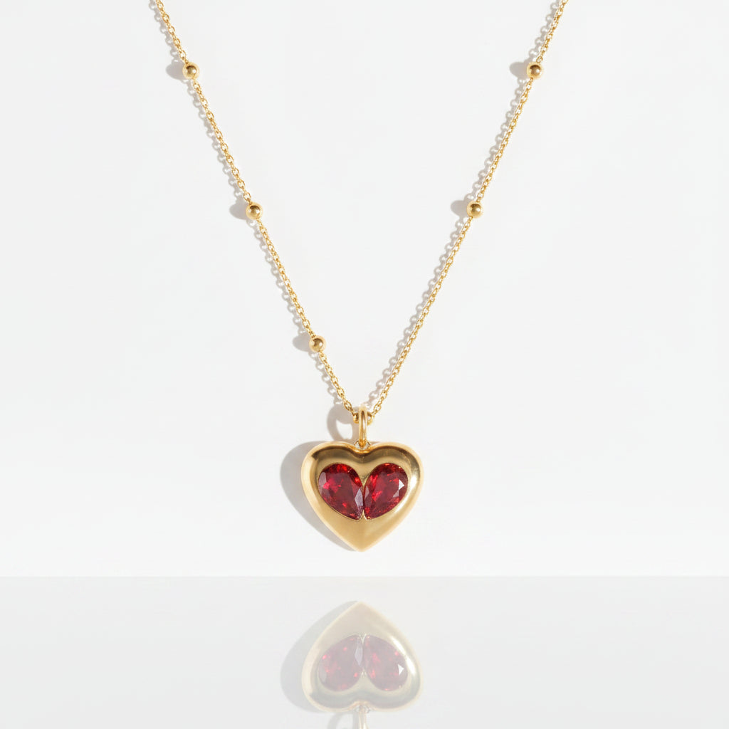 Gold Plated Stainless Steel Necklace with Pendant - Red Heart