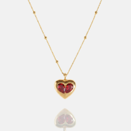 Gold Plated Stainless Steel Necklace with Pendant - Red Heart