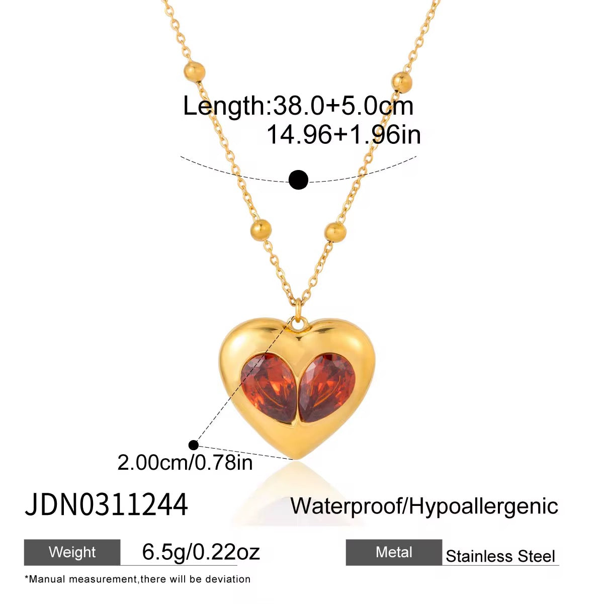 Gold Plated Stainless Steel Necklace with Pendant - Red Heart