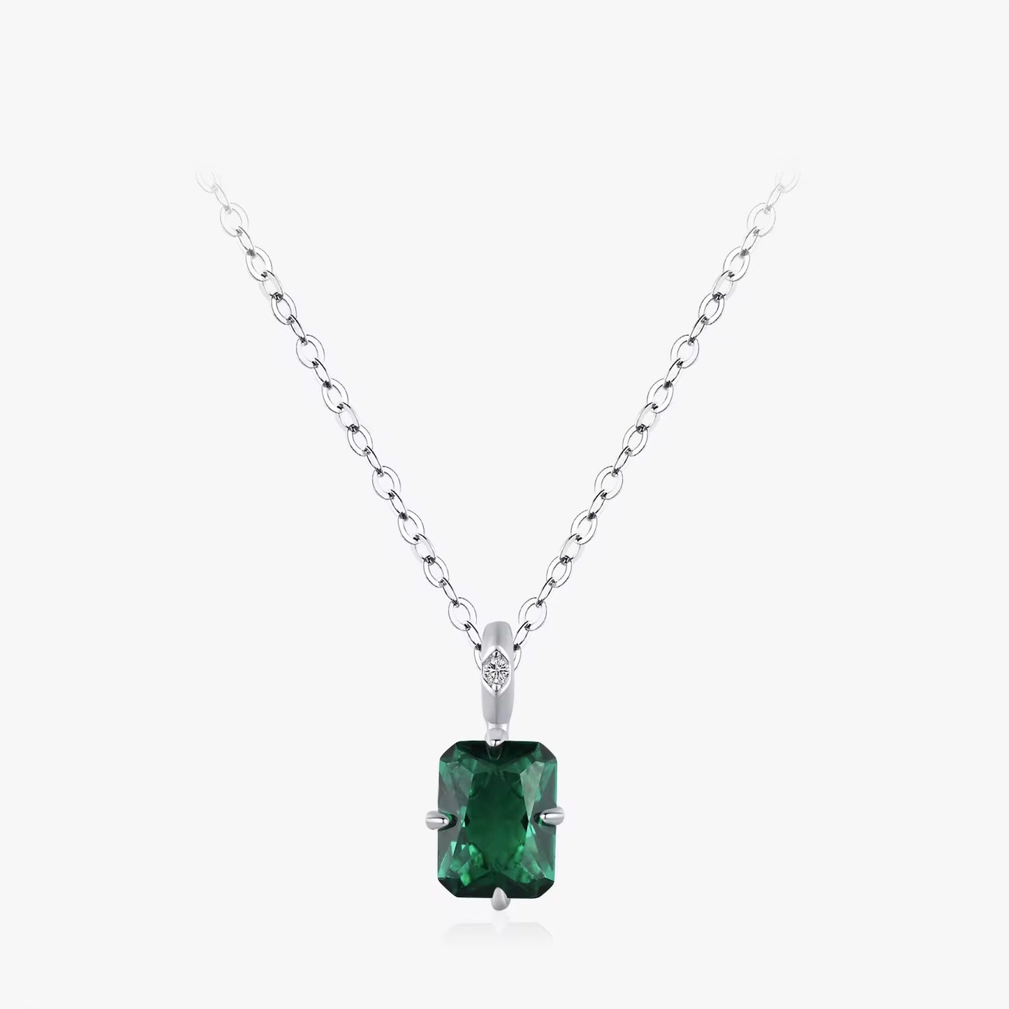Rhodium Plated Sterling Silver Necklace with Zircon Stone - Green Pendant