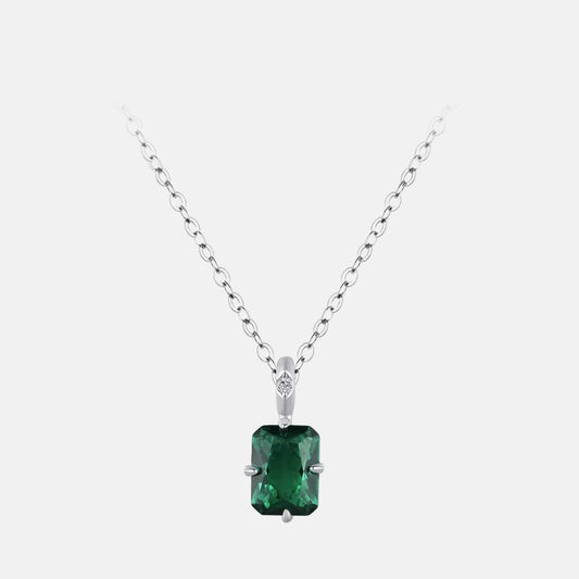 Rhodium Plated Sterling Silver Necklace with Zircon Stone - Green Pendant