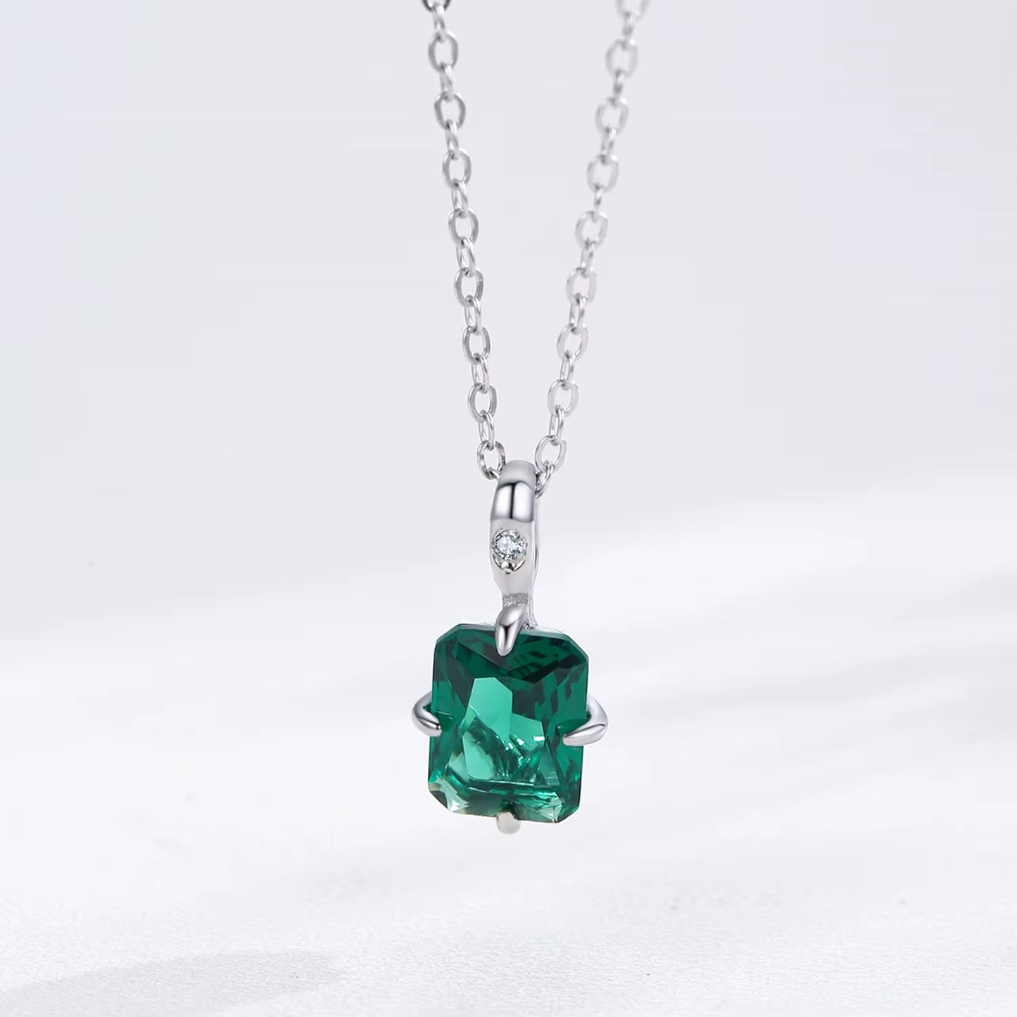 Rhodium Plated Sterling Silver Necklace with Zircon Stone - Green Pendant
