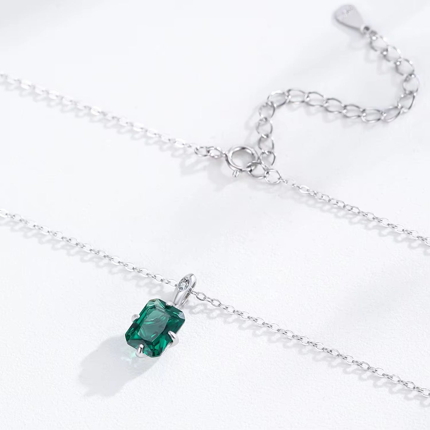 Rhodium Plated Sterling Silver Necklace with Zircon Stone - Green Pendant