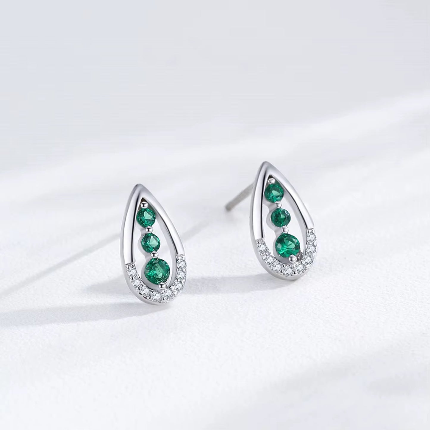 Rhodium Plated Sterling Silver Earrings with Zircon Stone - Water Droplet
