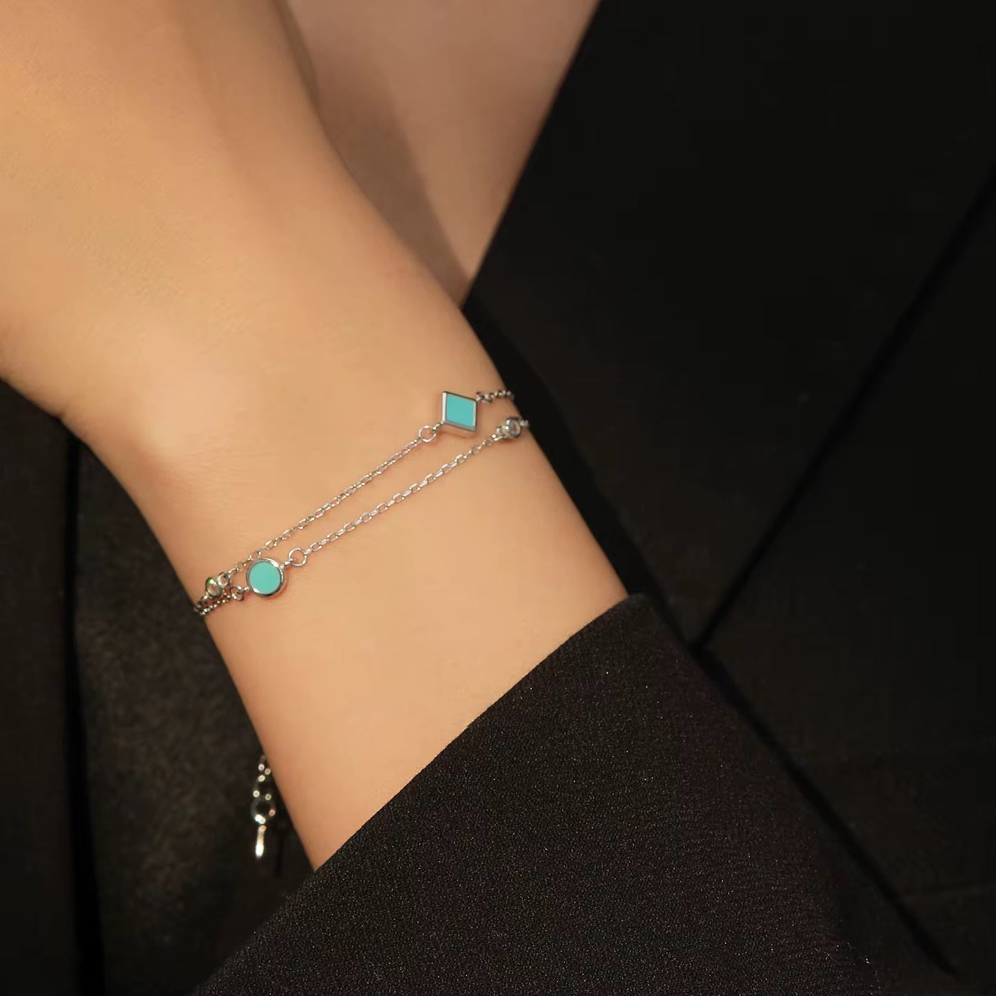 Rhodium Plated Sterling Silver Bracelet with Zircon Stones - Turquoise