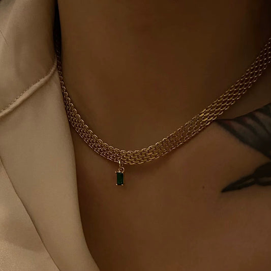 Gold Plated Stainless Steel Necklace with Green Zircon Pendant