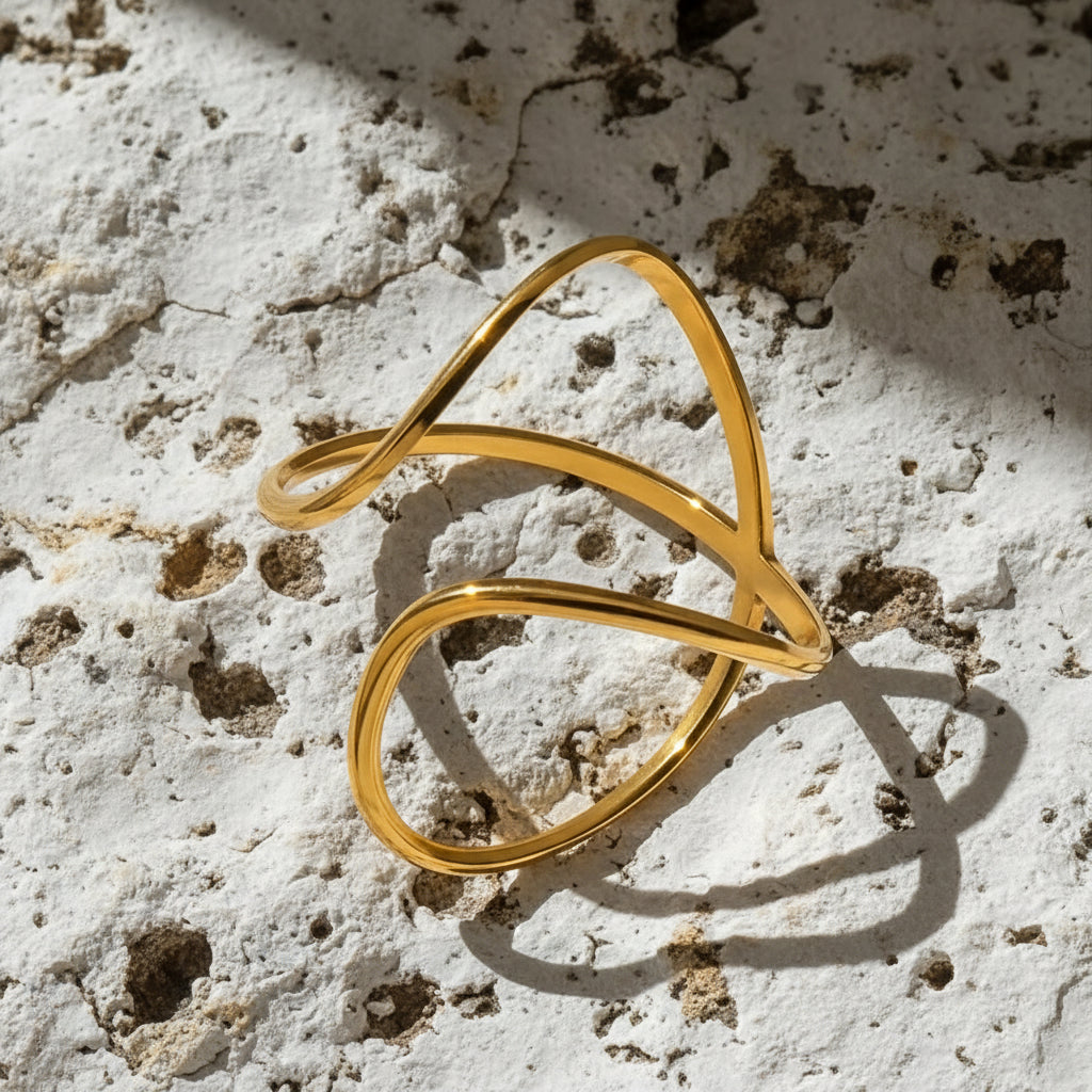 Gold Plated Stainless Steel Ring - Cross Flow