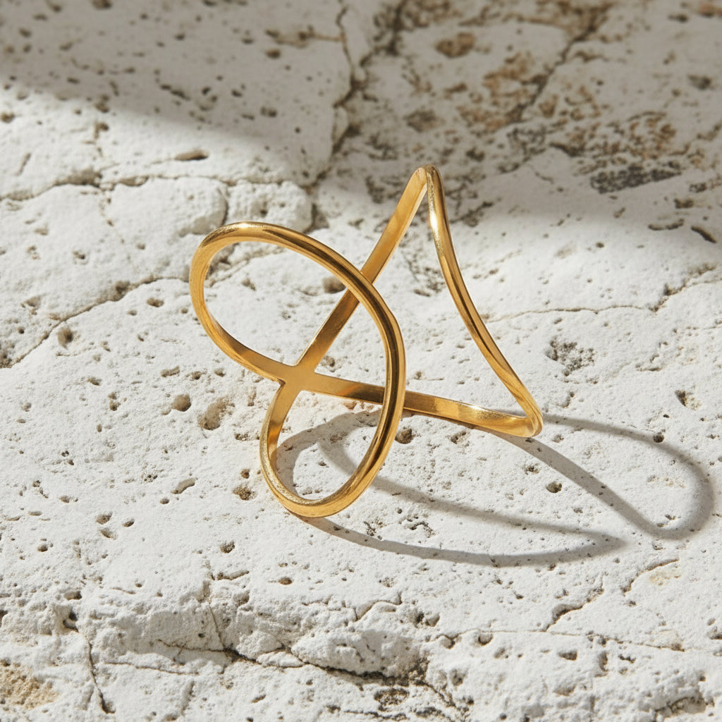 Gold Plated Stainless Steel Ring - Cross Flow