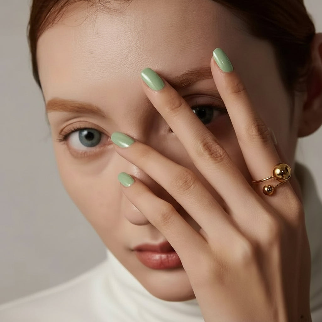 Nahaufnahme einer Person, die einen Teil ihres Gesichts mit der Hand verdeckt und einen goldenen Ring trägt.