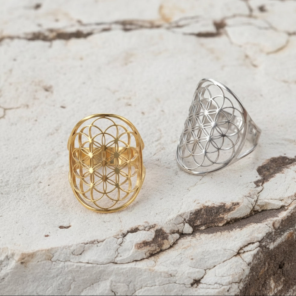 Zwei Ringe, einer vergoldet und der andere versilbert, mit einem geometrischen Wikinger-Blumenmuster, präsentiert auf einer satinierten Oberfläche.