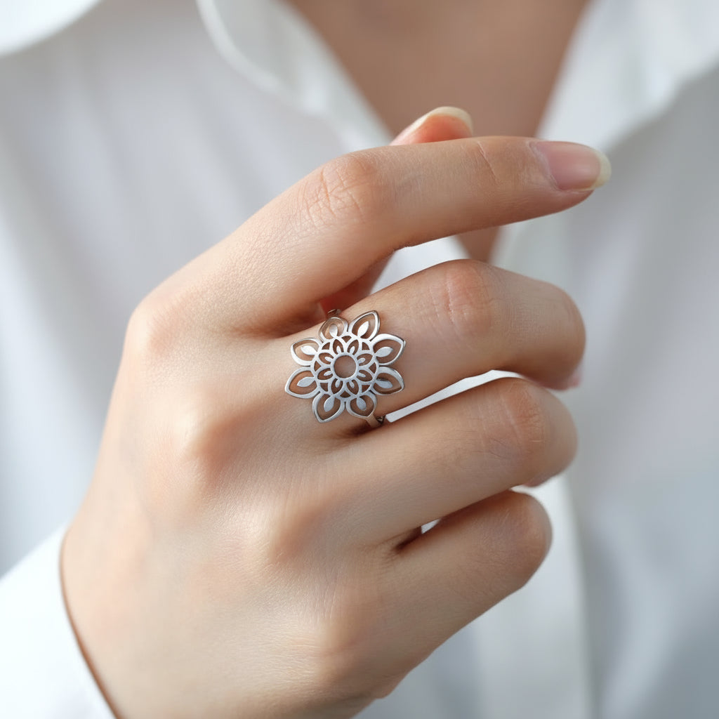 Gold Plated Stainless Steel Ring - Filigree Sunflower