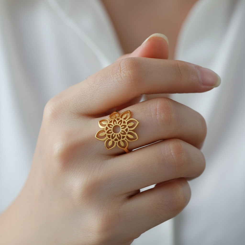 Gold Plated Stainless Steel Ring - Filigree Sunflower