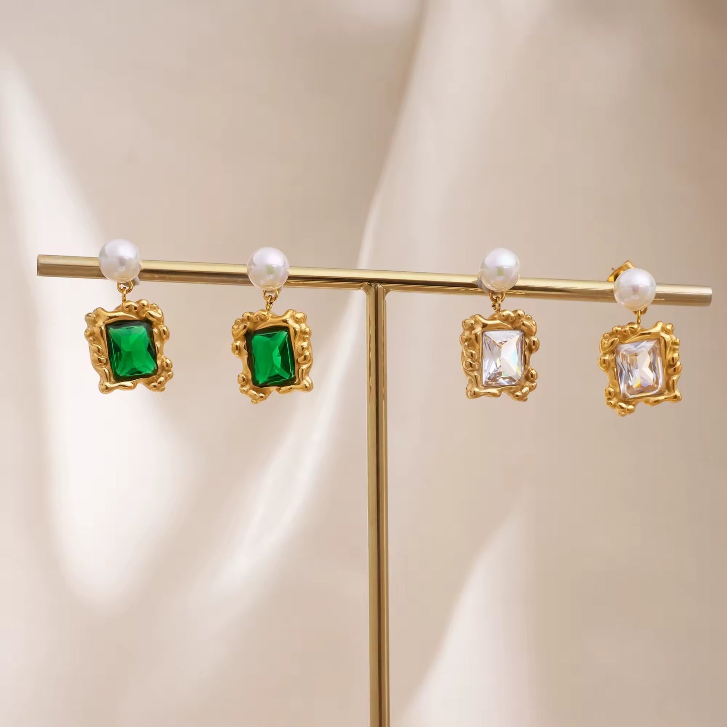 Green Earrings - Gold Plated Stainless Steel - Hypoallergenic