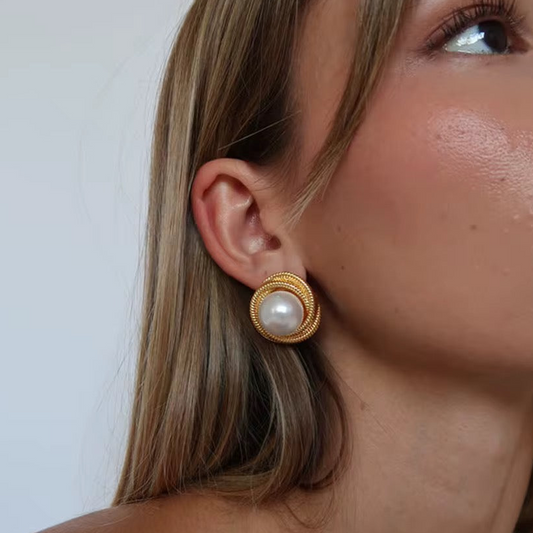 Gold Plated Stainless Steel Earrings - Glass Pearls